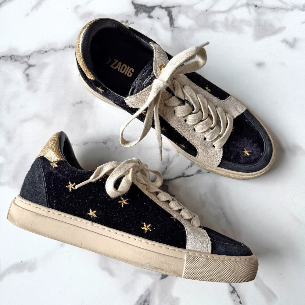 Zadig & Voltaire Black Velvet Sneakers with Gold Star Embroidery